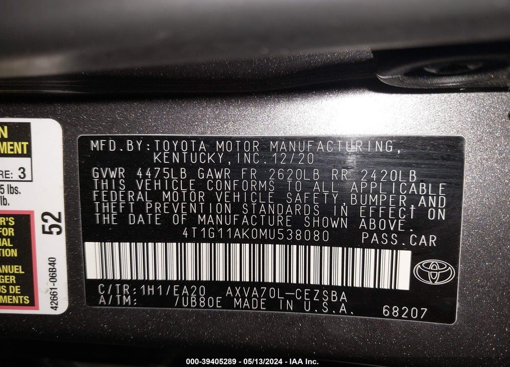 2021 TOYOTA CAMRY SE VIN: 4T1G11AK0MU538080