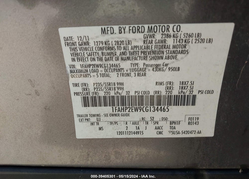 2012 FORD TAURUS SEL VIN: 1FAHP2EW9CG134465