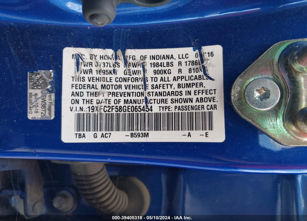 2016 HONDA CIVIC LX VIN: 19XFC2F58GE065454