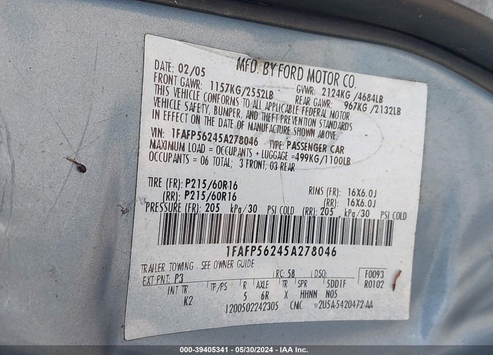 2005 FORD TAURUS SEL VIN: 1FAFP56245A278046