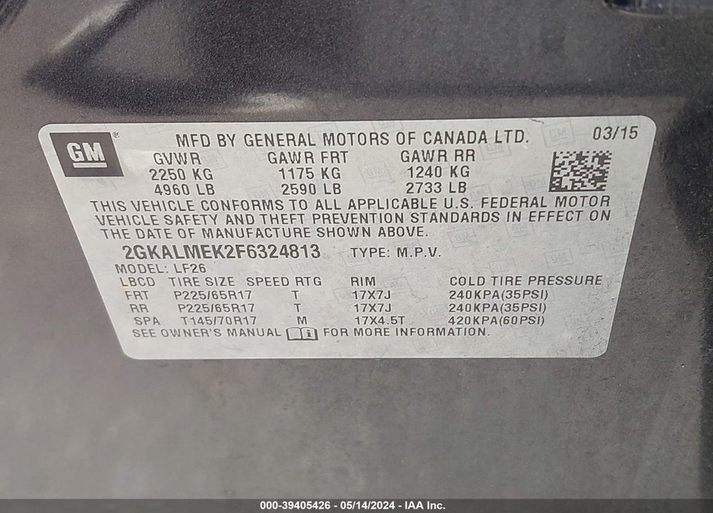 2015 GMC TERRAIN SLE-1 VIN: 2GKALMEK2F6324813