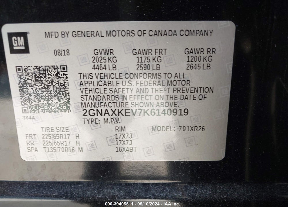 2019 CHEVROLET EQUINOX LT VIN: 2GNAXKEV7K6140919