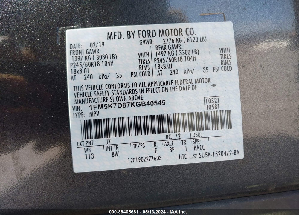 2019 FORD EXPLORER XLT VIN: 1FM5K7D87KGB40545