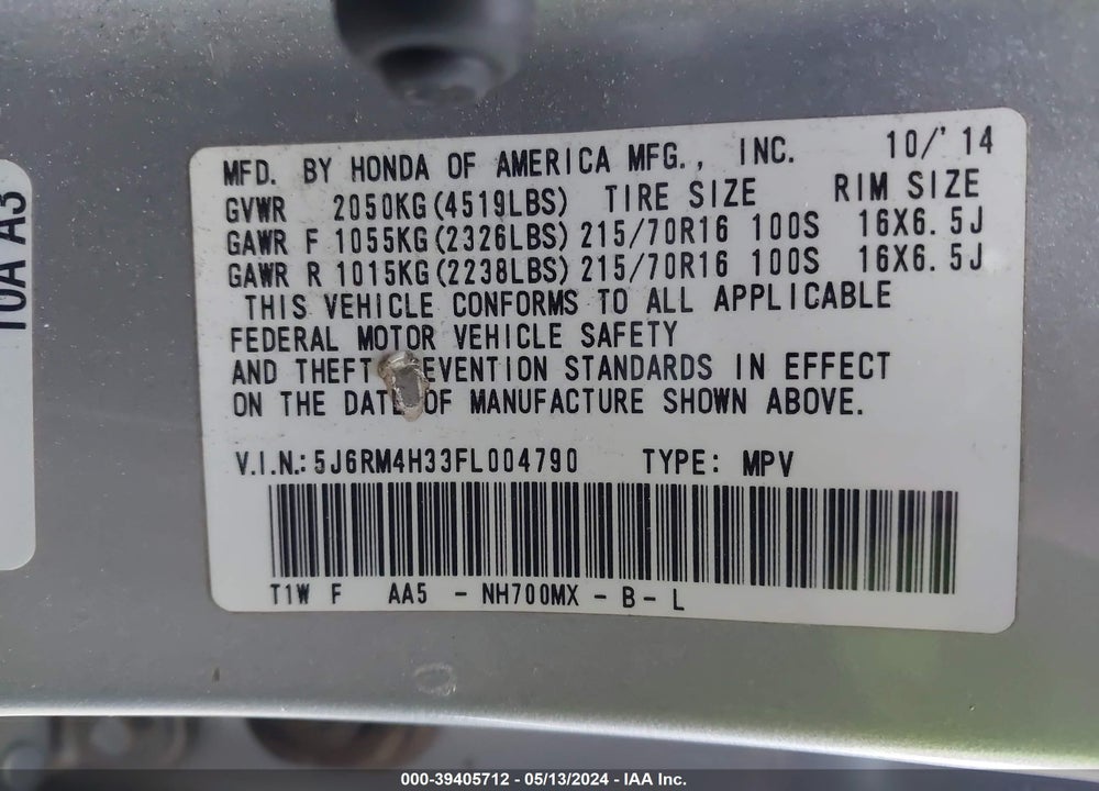 2015 HONDA CR-V LX VIN: 5J6RM4H33FL004790
