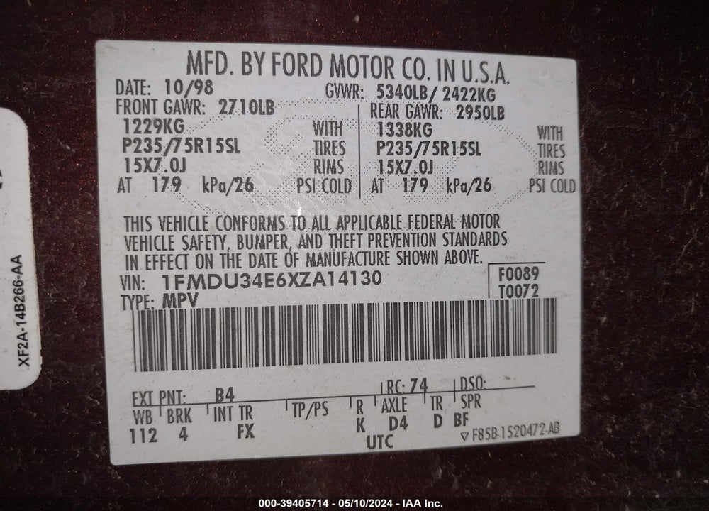 1999 FORD EXPLORER EDDIE BAUER/LIMITED/XLT VIN: 1FMDU34E6XZA14130