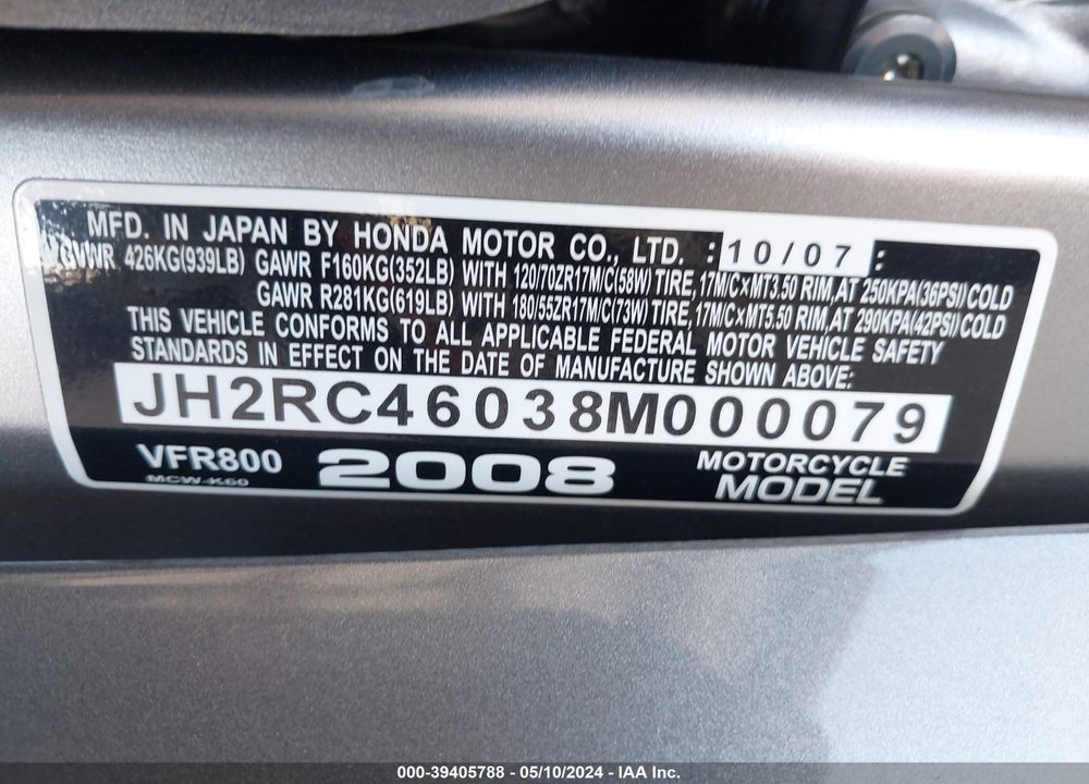 2008 HONDA VFR800 VIN: JH2RC46038M000079