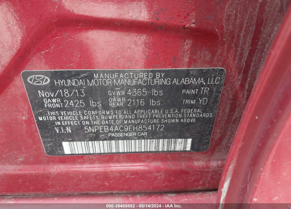 2014 HYUNDAI SONATA GLS VIN: 5NPEB4AC9EH854172