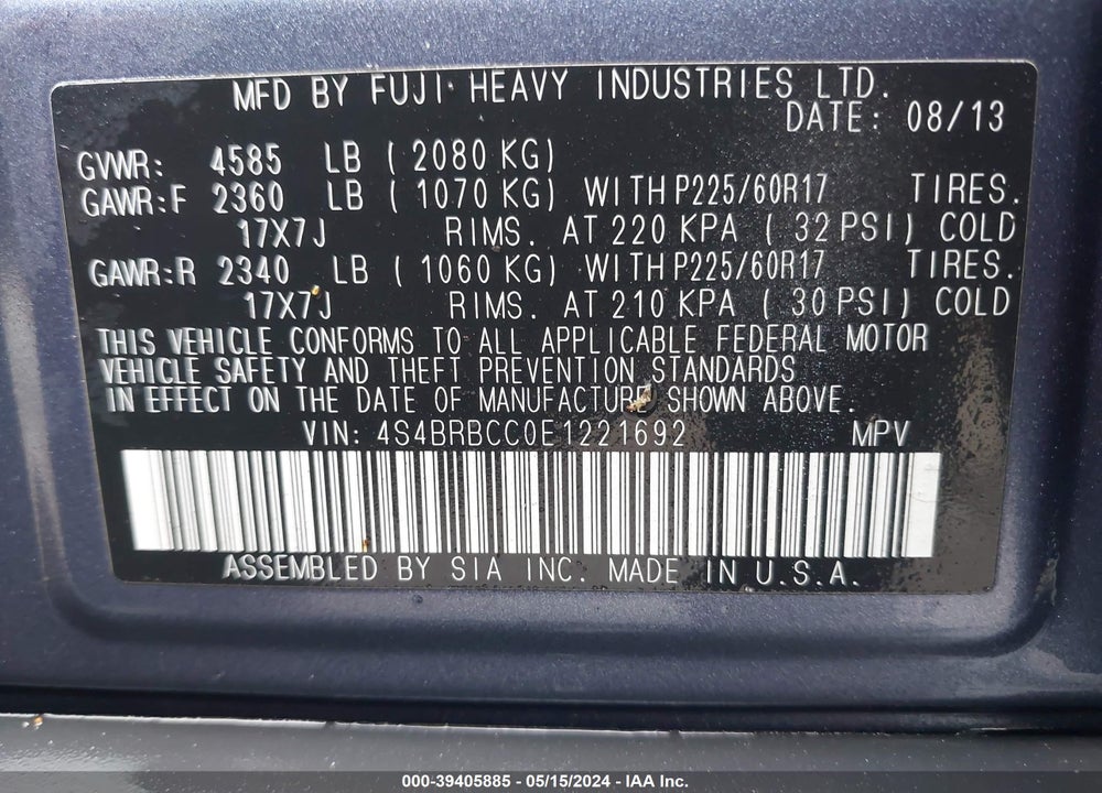 2014 SUBARU OUTBACK 2.5I PREMIUM VIN: 4S4BRBCC0E1221692