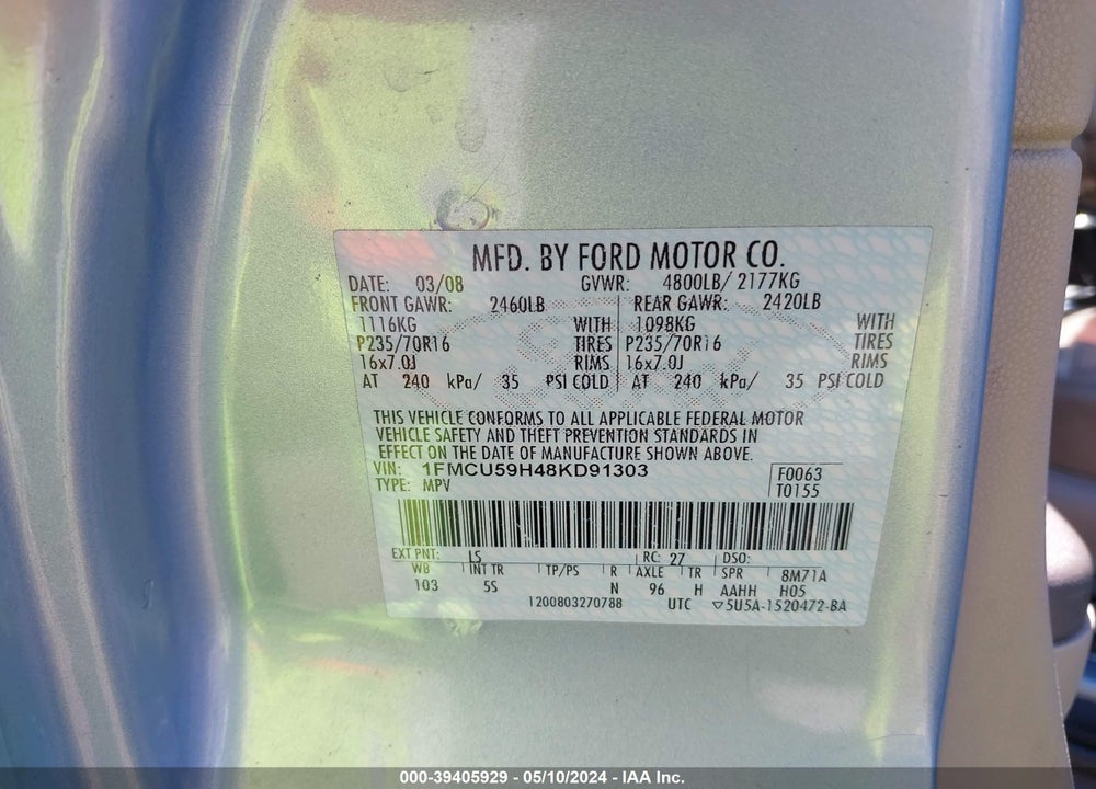 2008 FORD ESCAPE HYBRID VIN: 1FMCU59H48KD91303