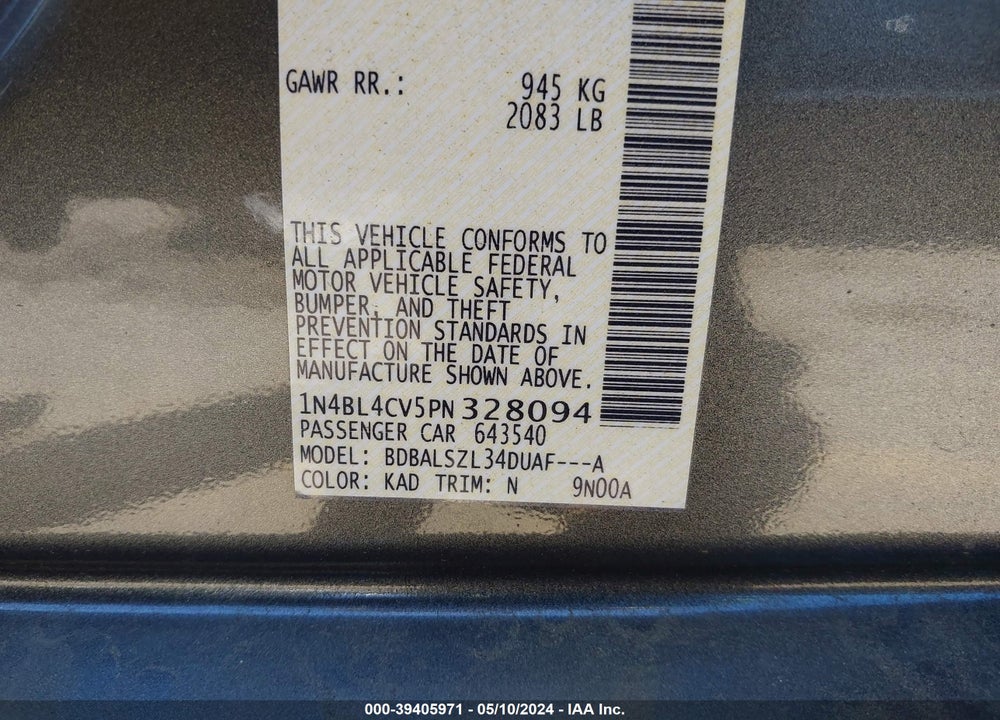 2023 NISSAN ALTIMA SR FWD VIN: 1N4BL4CV5PN328094