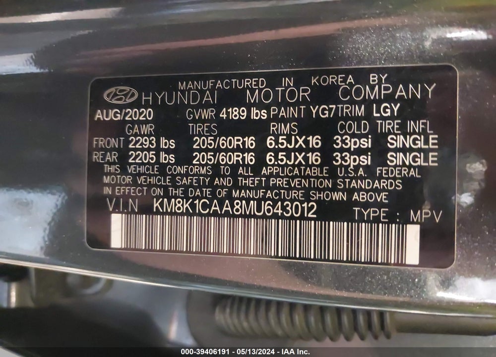 2021 HYUNDAI KONA SE VIN: KM8K1CAA8MU643012