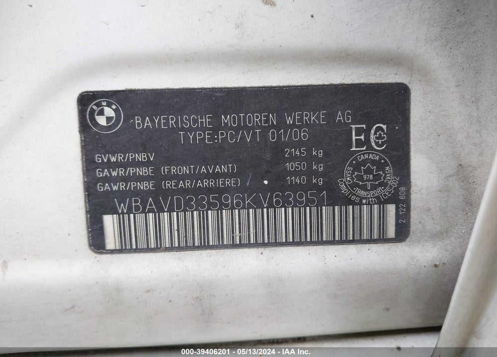 2006 BMW 330XI VIN: WBAVD33596KV63951