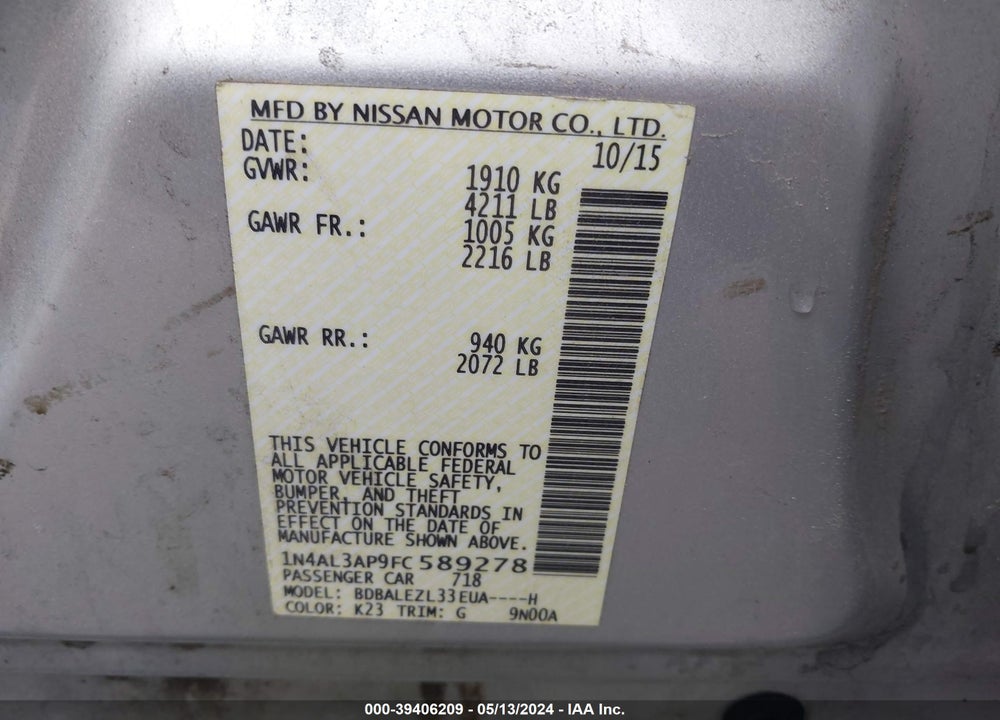 2015 NISSAN ALTIMA 2.5 S VIN: 1N4AL3AP9FC589278