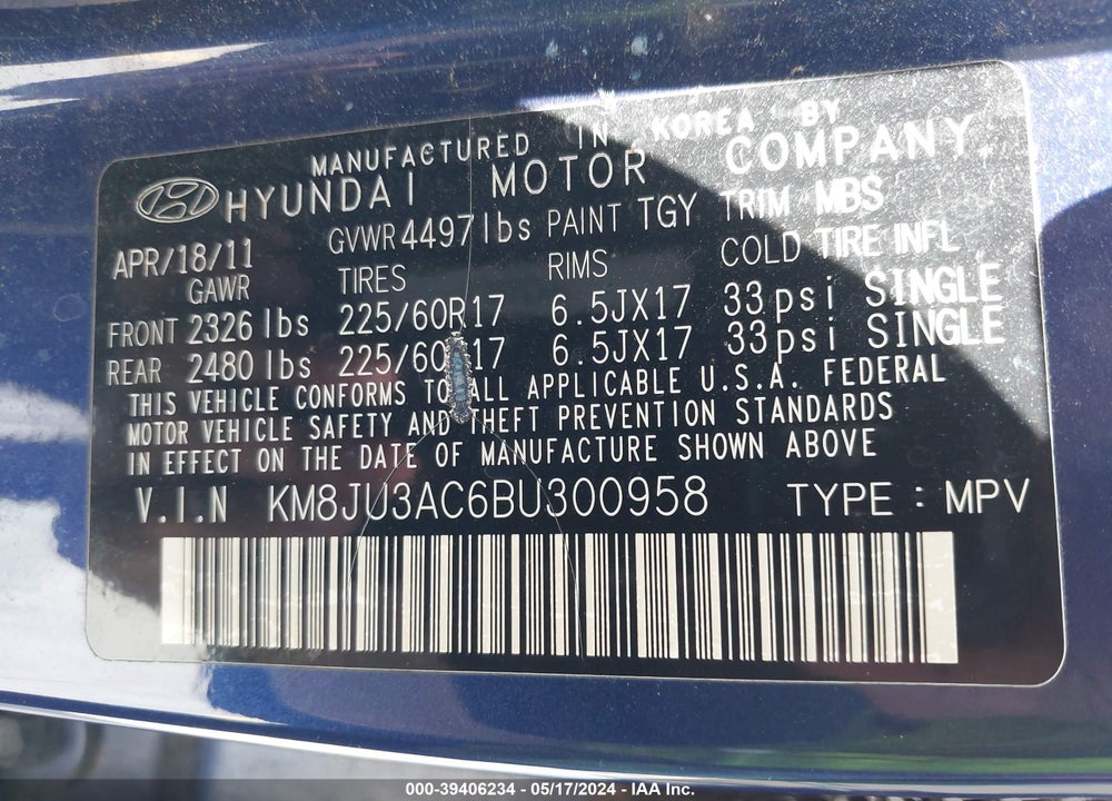 2011 HYUNDAI TUCSON GLS VIN: KM8JU3AC6BU300958