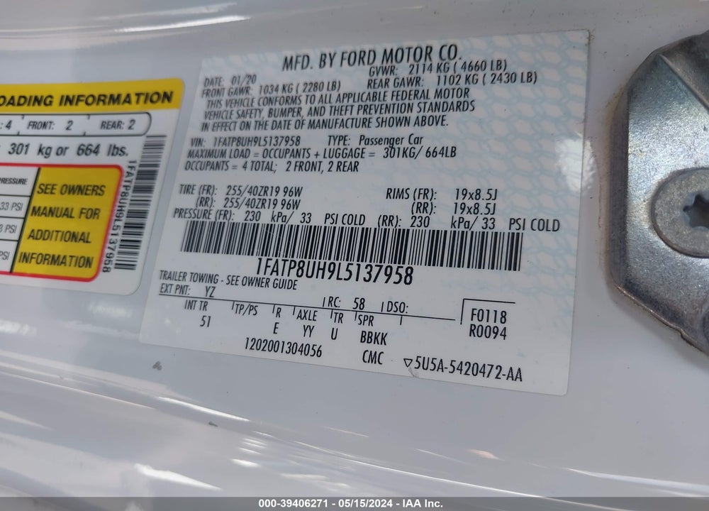 2020 FORD MUSTANG ECOBOOST PREMIUM VIN: 1FATP8UH9L5137958