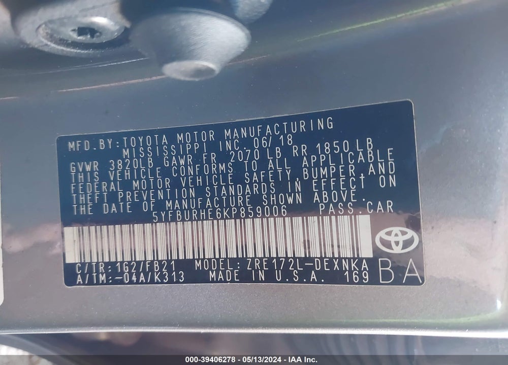 2019 TOYOTA COROLLA LE VIN: 5YFBURHE6KP859006