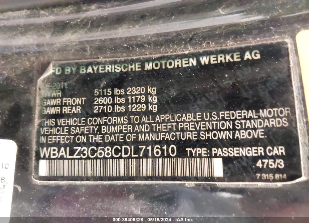 2012 BMW 650I VIN: WBALZ3C58CDL71610