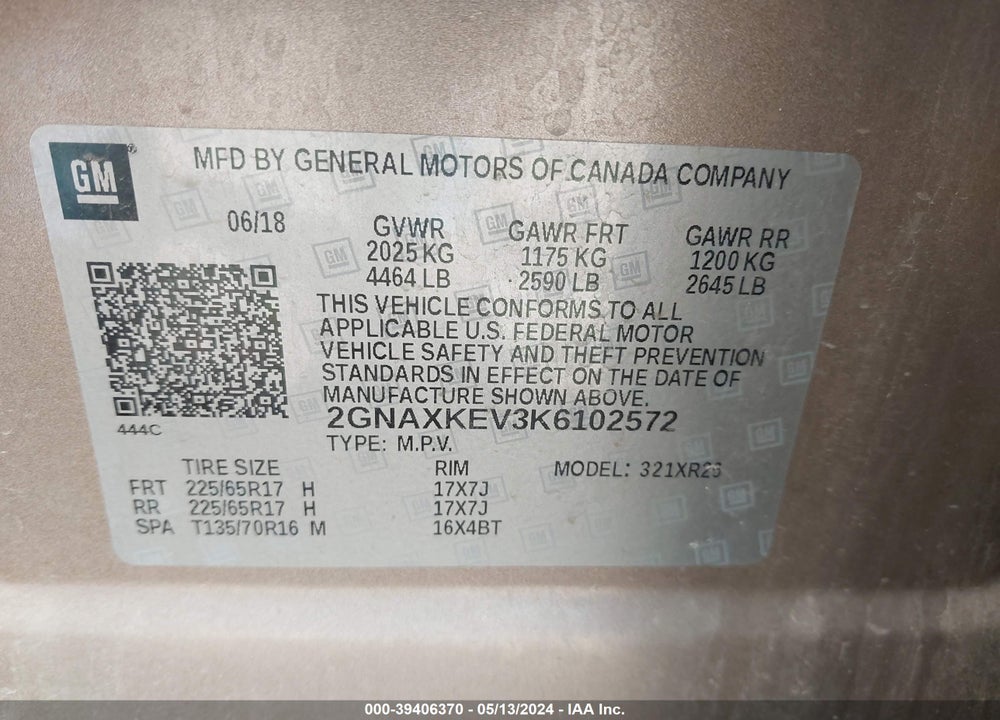 2019 CHEVROLET EQUINOX LT VIN: 2GNAXKEV3K6102572