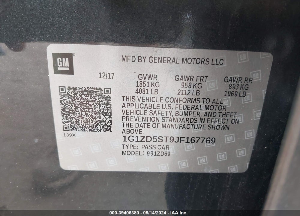 2018 CHEVROLET MALIBU LT VIN: 1G1ZD5ST9JF167769