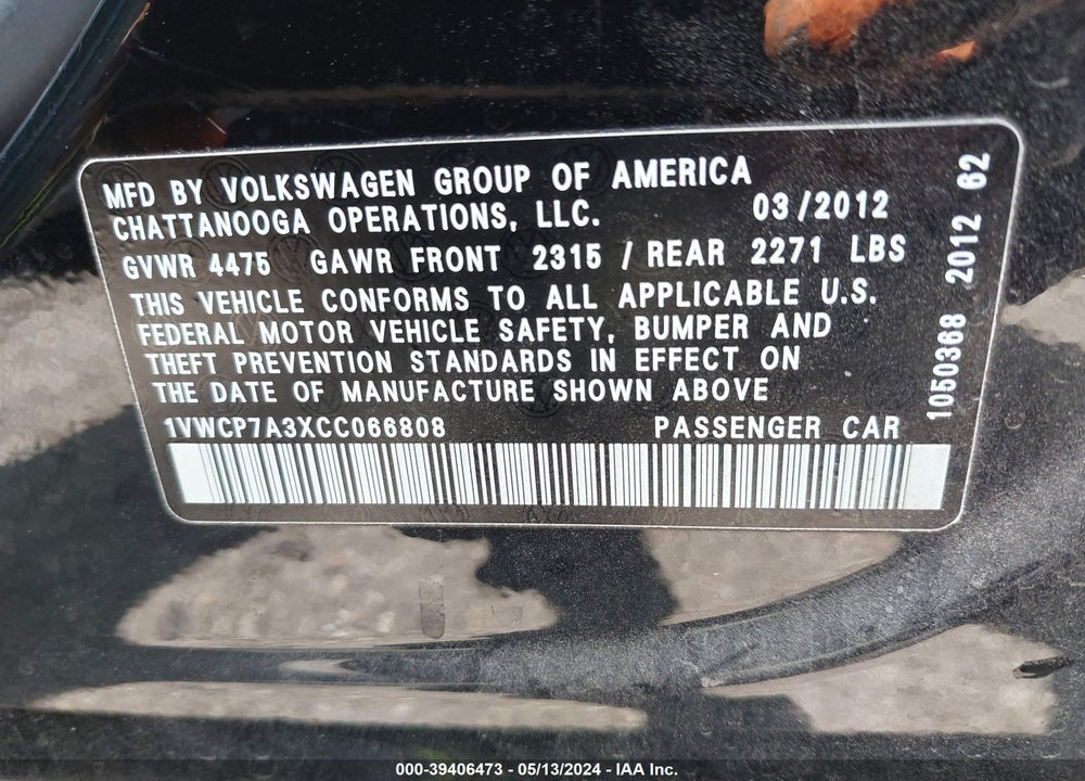 2012 VOLKSWAGEN PASSAT 2.5L SEL VIN: 1VWCP7A3XCC066808