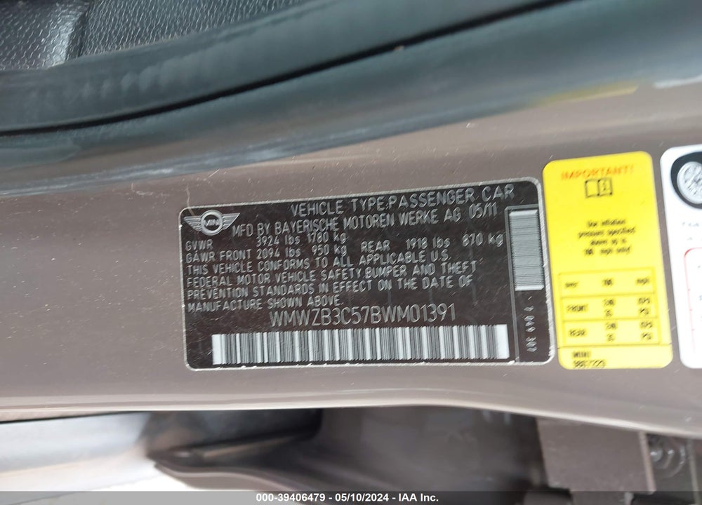 2011 MINI COOPER COUNTRYMAN VIN: WMWZB3C57BWM01391