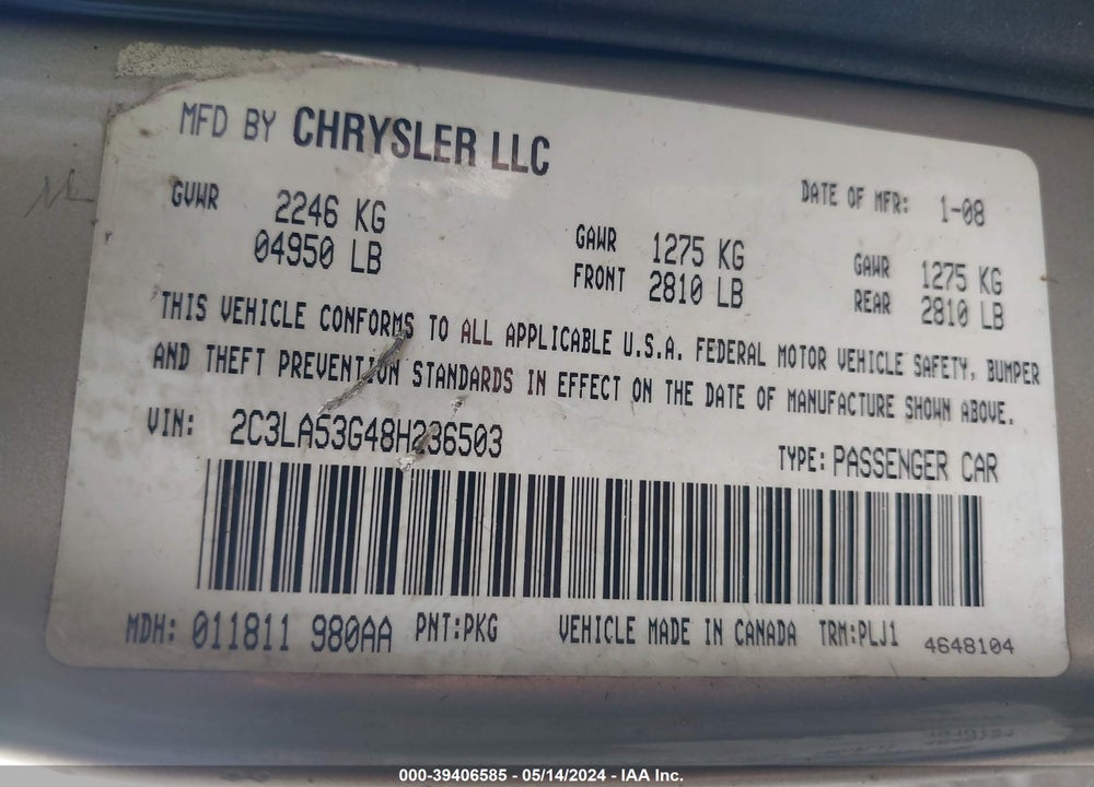 2008 CHRYSLER 300 TOURING VIN: 2C3LA53G48H236503