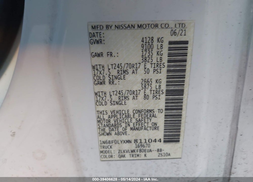 2021 NISSAN NV CARGO NV2500 HD S HIGH ROOF V6 VIN: 1N6BF0LYXMN811044