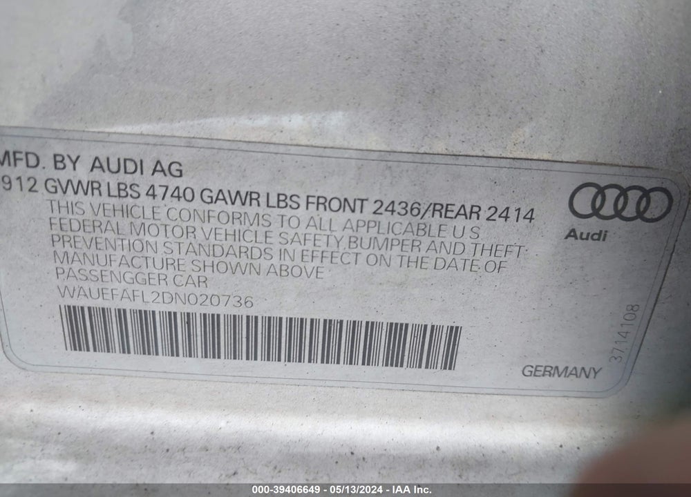 2013 AUDI A4 2.0T PREMIUM VIN: WAUEFAFL2DN020736
