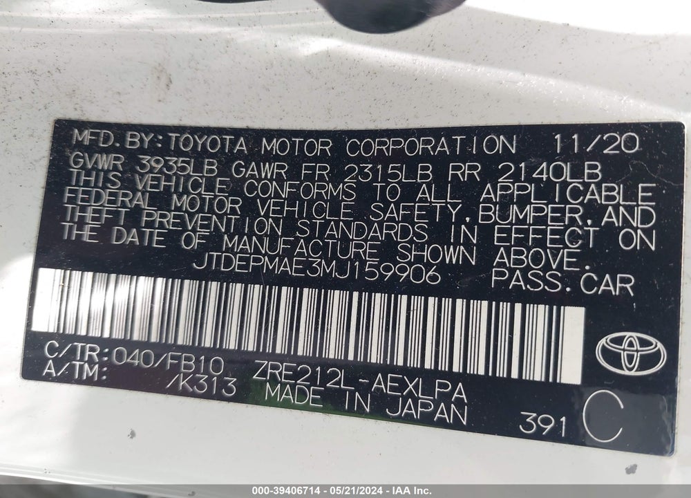 2021 TOYOTA COROLLA LE VIN: JTDEPMAE3MJ159906