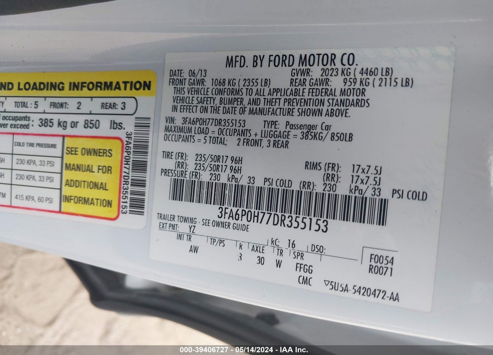 2013 FORD FUSION SE VIN: 3FA6P0H77DR355153