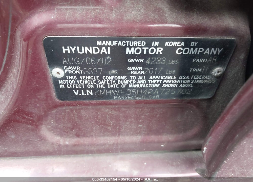 2002 HYUNDAI SONATA GLS/LX VIN: KMHWF35H42A725702