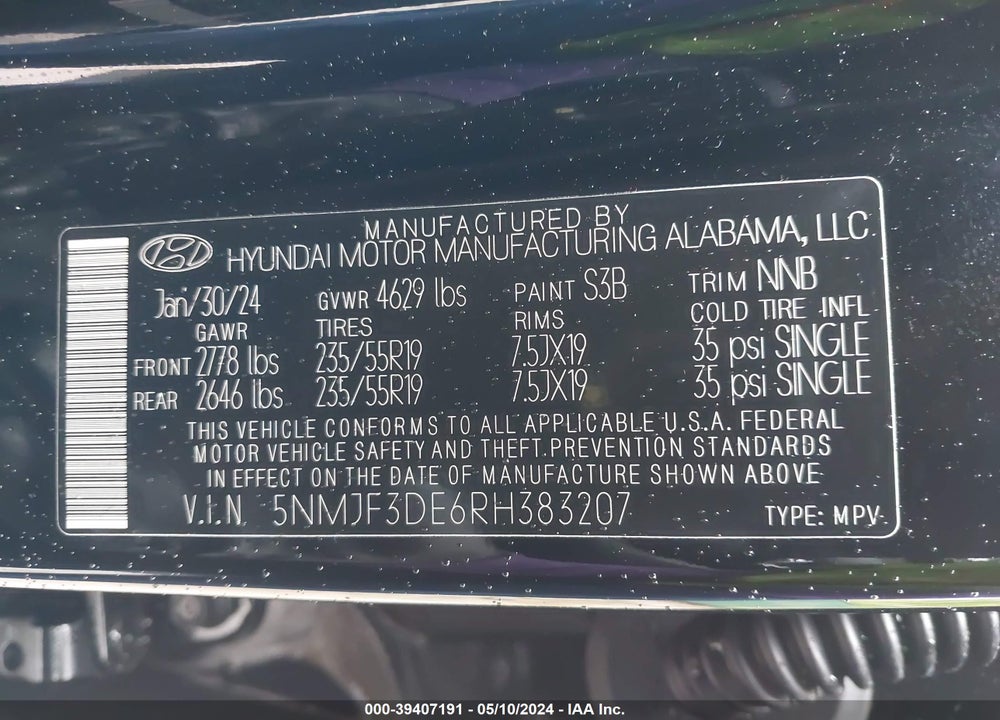 2024 HYUNDAI TUCSON SEL VIN: 5NMJF3DE6RH383207