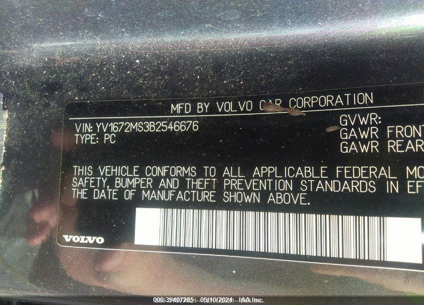2011 VOLVO S40 T5/T5 R-DESIGN VIN: YV1672MS3B2546676