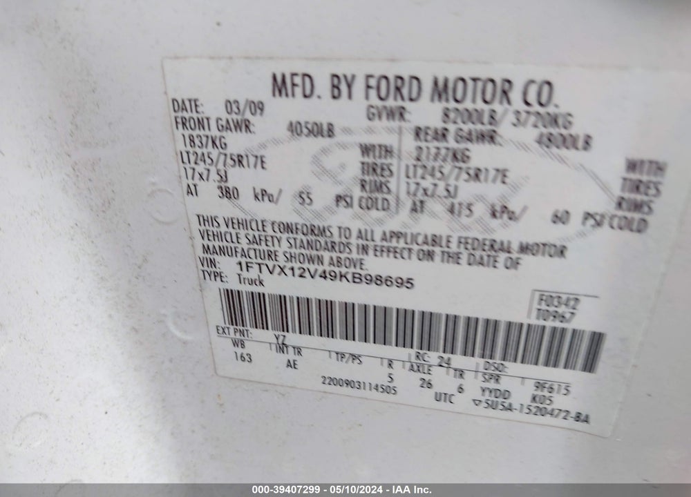 2009 FORD F-150 XL/XLT VIN: 1FTVX12V49KB98695