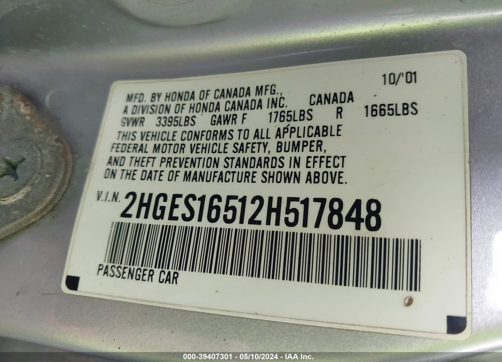 2002 HONDA CIVIC LX VIN: 2HGES16512H517848