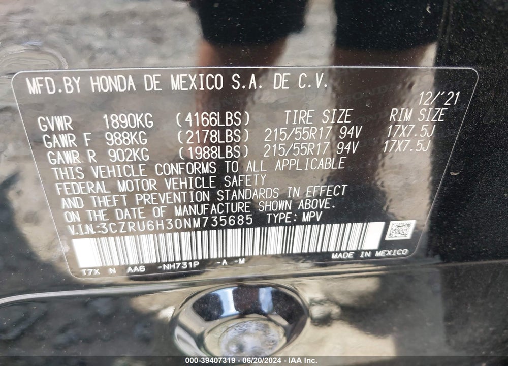 2022 HONDA HR-V AWD LX VIN: 3CZRU6H30NM735685