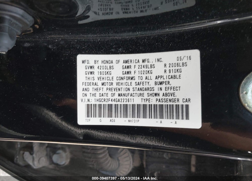 2016 HONDA ACCORD LX VIN: 1HGCR2F44GA223611