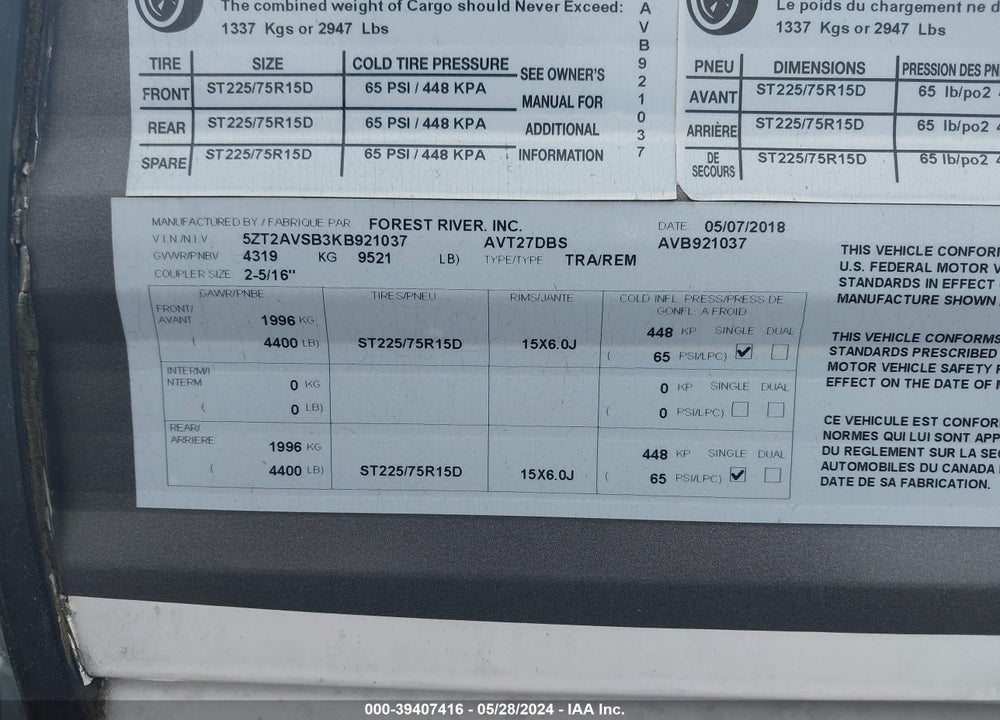 2019 AVENGER TRAVEL TRAILER VIN: 5ZT2AVSB3KB921037