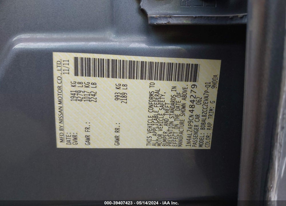 2012 NISSAN ALTIMA VIN: 1N4AL2AP9CN484279