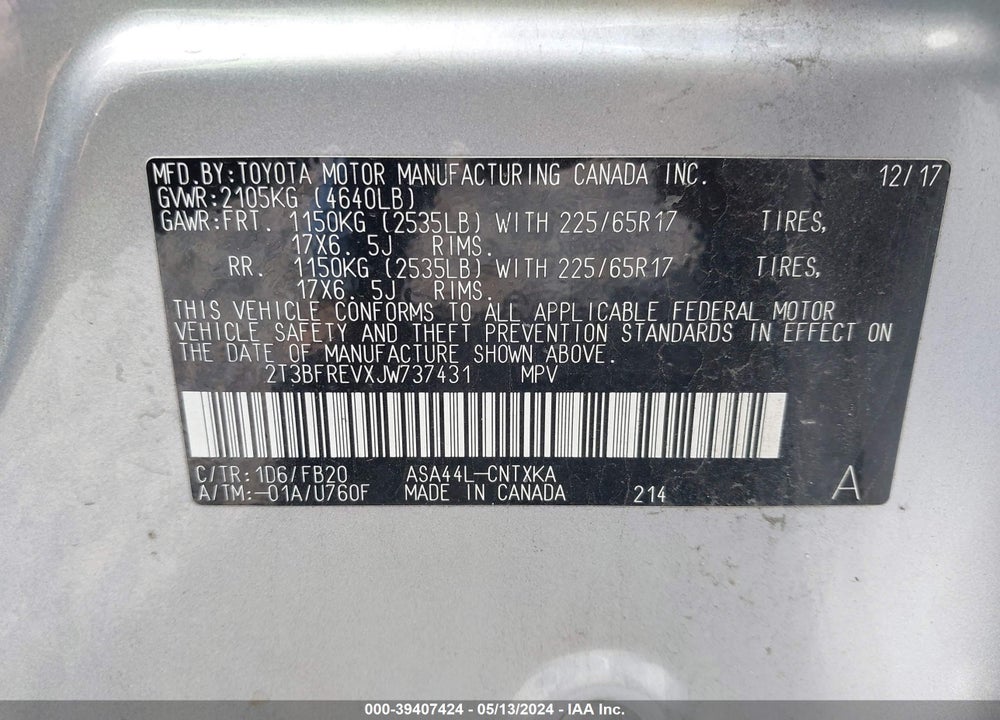 2018 TOYOTA RAV4 LE VIN: 2T3BFREVXJW737431