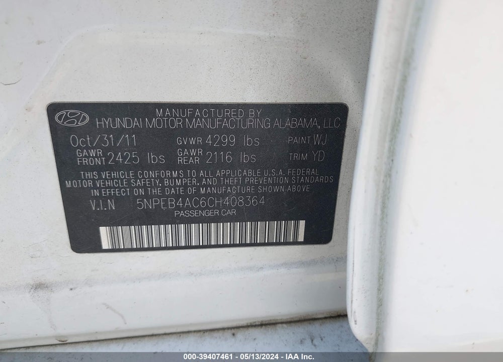 2012 HYUNDAI SONATA GLS VIN: 5NPEB4AC6CH408364