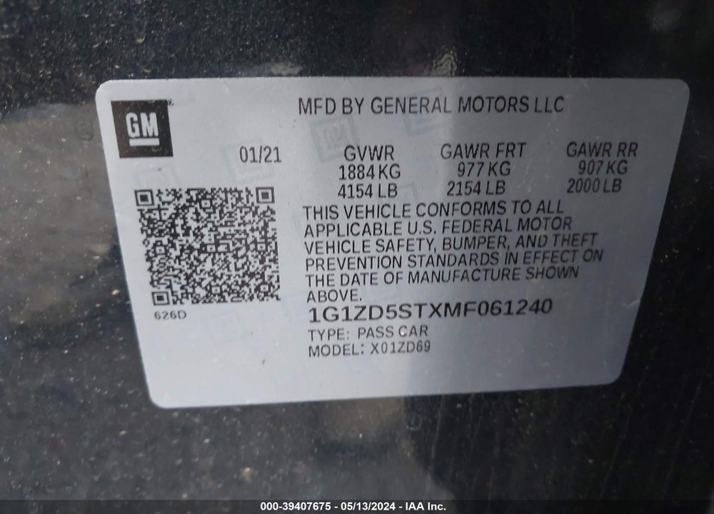 2021 CHEVROLET MALIBU FWD LT VIN: 1G1ZD5STXMF061240