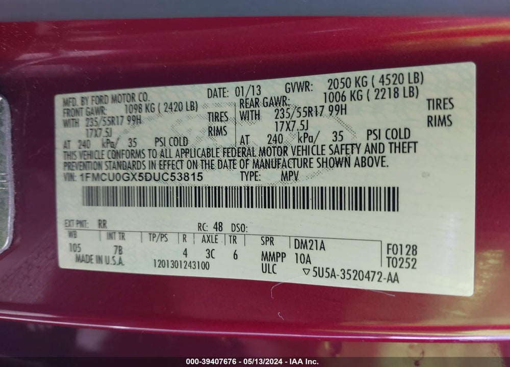 2013 FORD ESCAPE SE VIN: 1FMCU0GX5DUC53815