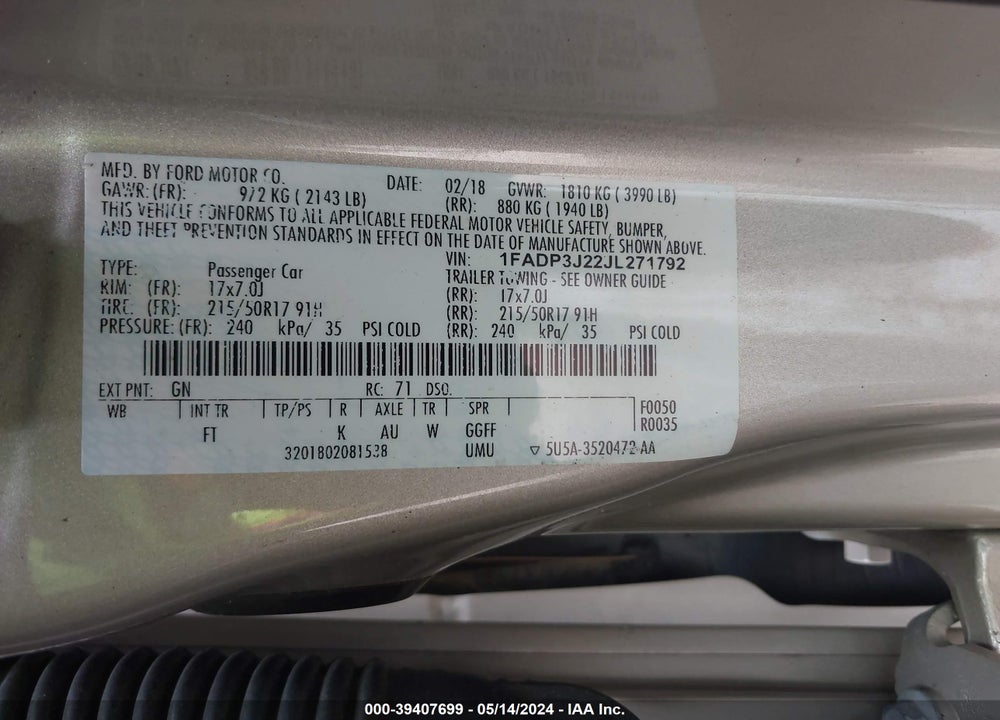 2018 FORD FOCUS TITANIUM VIN: 1FADP3J22JL271792
