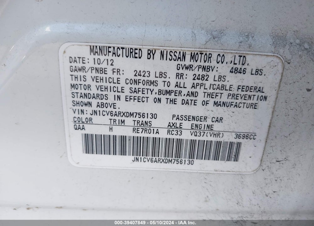 2013 INFINITI G37X VIN: JN1CV6ARXDM756130