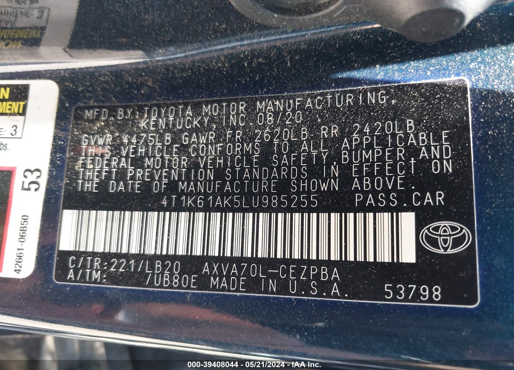 2020 TOYOTA CAMRY XSE VIN: 4T1K61AK5LU985255
