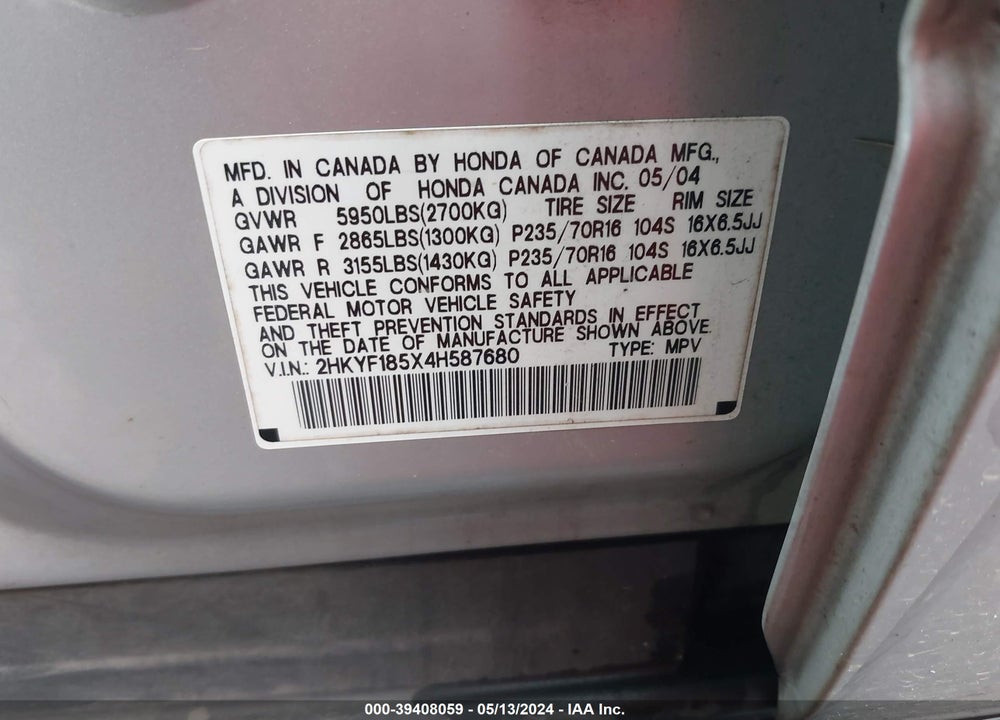 2004 HONDA PILOT EX-L VIN: 2HKYF185X4H587680