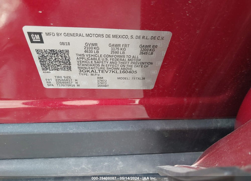 2019 GMC TERRAIN SLE VIN: 3GKALTEV7KL160405