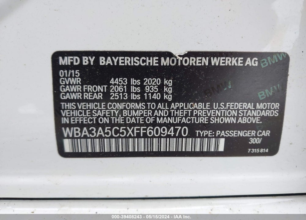 2015 BMW 328I VIN: WBA3A5C5XFF609470