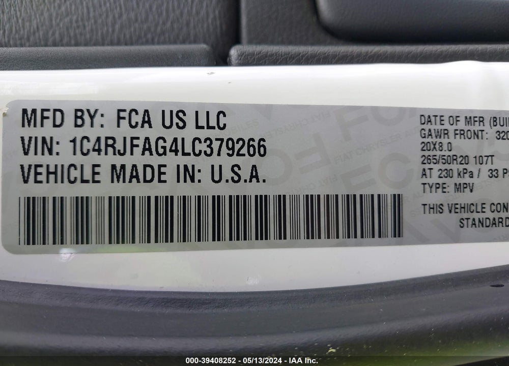2020 JEEP GRAND CHEROKEE VIN: 1C4RJFAG4LC379266